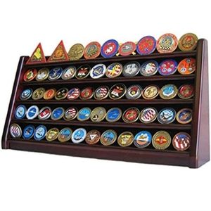 5 Rows Coin Holder Display Stand, Solid Wood, Mahogany Finish Military